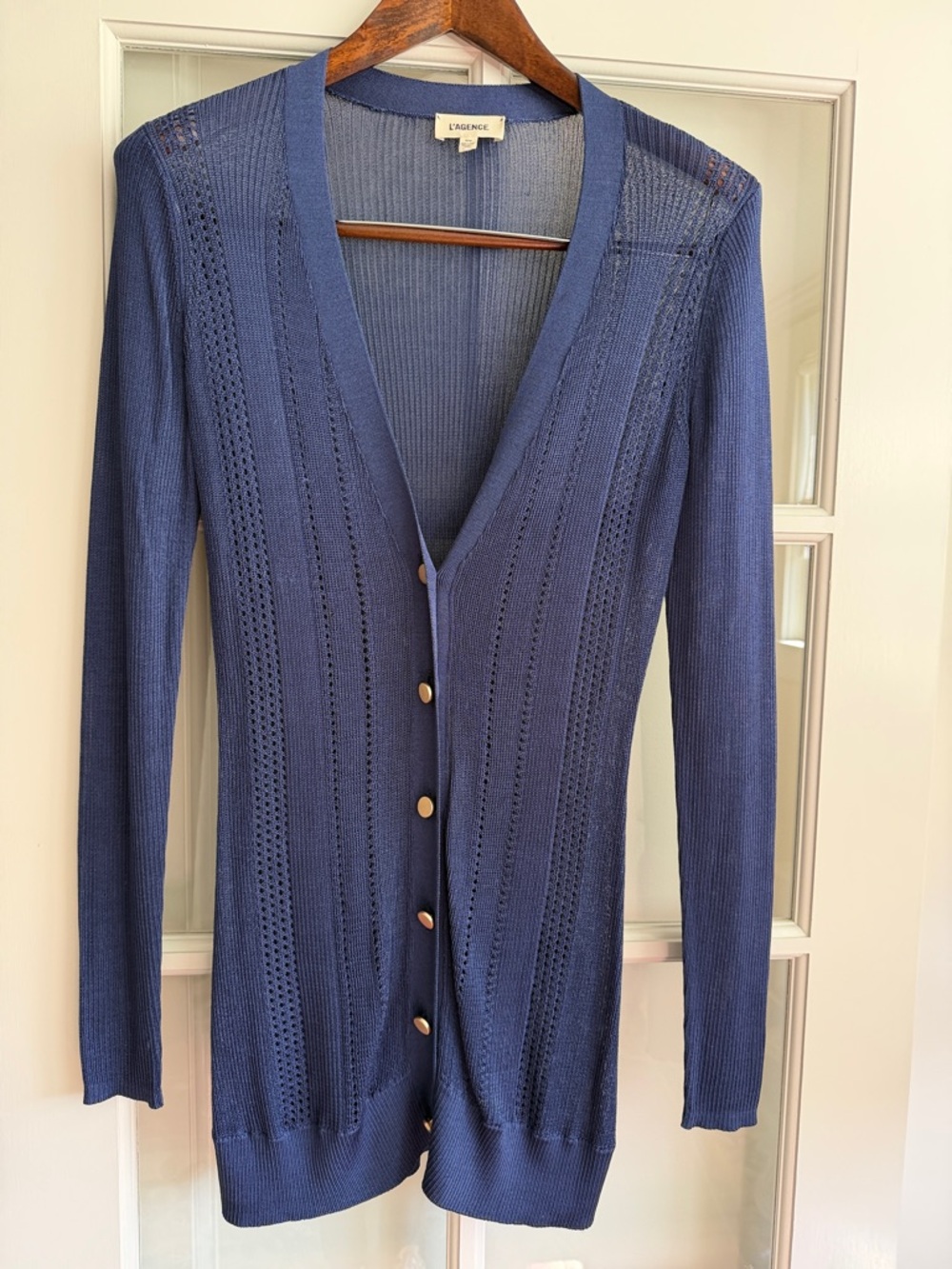 L'AGENCE Navy Blue Open-Knit Button Cardigan